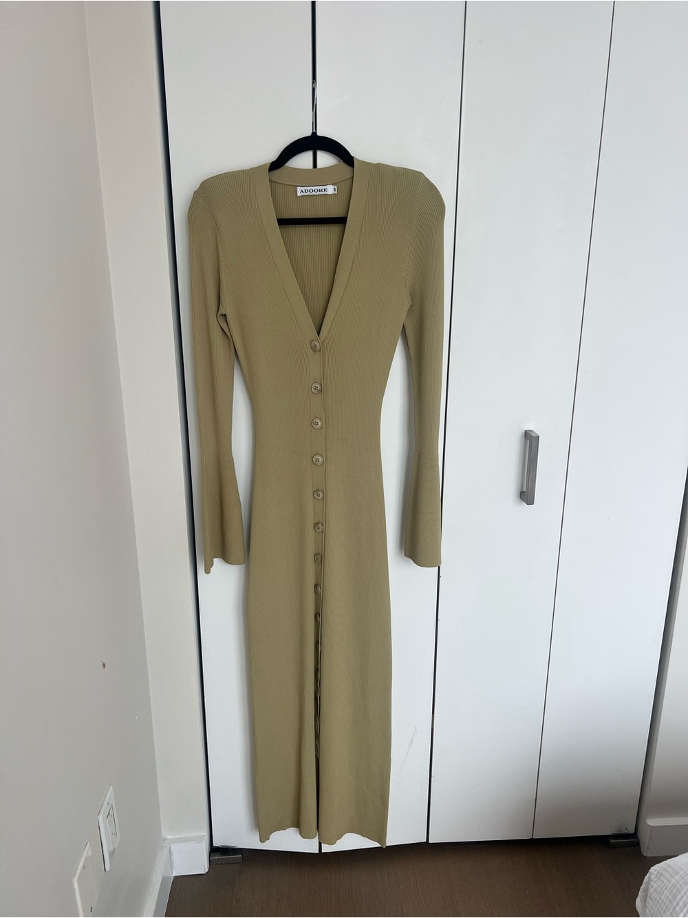 Adoore Long Button-Front Ribbed Knit Dress in Olive